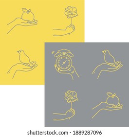 Collection of hand holds icons isolated on a contrasting background. Yellow and gray female hand with apple, flower, bird,   alarm clock vector outline icons set 