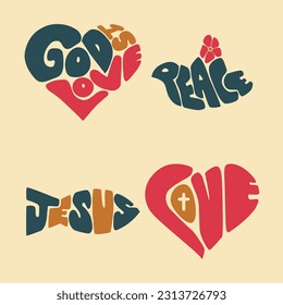A collection of hand lettered Christian phrases in a retro hippie style that can be used as stickers or badges.