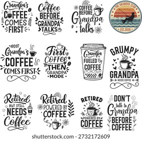 Coleção de citações de café escritas à mão e gráficos centrados em torno de avós
