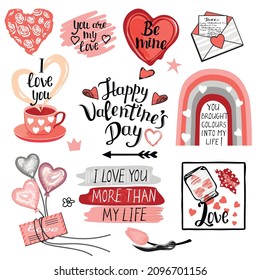  Collection with hand lettered text and hand drawn cute illustrations with hearts .Perfect for Valentines day,stickers,birthday,invitation.Romantic decorated elements and lovely typography in vector.