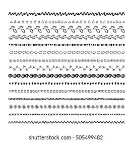 Colección de líneas de doodle hechas a mano con pinceles en el archivo EPS. Se puede utilizar como borde dibujado a mano, divisores, marcos y pinceles se pueden aplicar a diferentes formas.