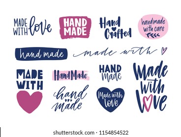 Collection of Hand Made inscriptions for labels or tags of handcrafted products. Set of phrases or slogans handwritten with cursive fonts isolated on white background. Colored vector illustration