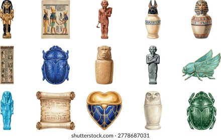 A collection of hand painted ancient Egyptian artifacts including scarabs, pharaoh statues, papyrus scrolls, and canopic jars isolated on white.