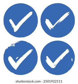 collection of hand painted blue circular checkmark brush stroke vector, artistic design, verification, approval, confirmation or completion symbols.