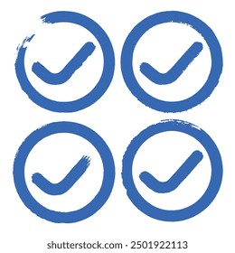 collection of hand painted blue circular checkmark brush stroke vector, artistic design, verification, approval, confirmation or completion symbols.