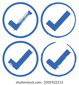 collection of hand painted blue circular checkmark brush stroke vector, artistic design, verification, approval, confirmation or completion symbols.