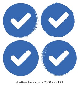 collection of hand painted blue circular checkmark brush stroke vector, artistic design, verification, approval, confirmation or completion symbols.