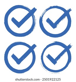collection of hand painted blue circular checkmark brush stroke vector, artistic design, verification, approval, confirmation or completion symbols.
