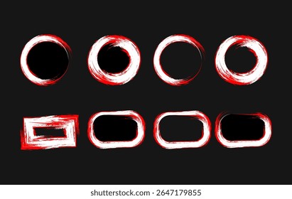 Collection of Hand Painted Brush Red and White Artistic rough frame shapes including circles, rectangles, and rounded rectangles in a grunge style. Ideal for modern and edgy design projects