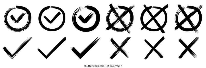 Collection of hand painted check marks ticks . Vector illustration