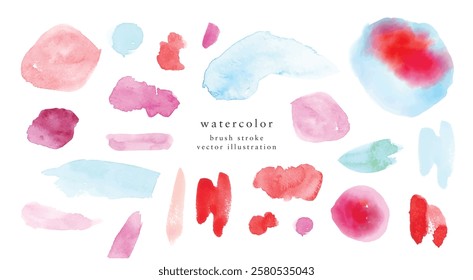 Collection of hand painted watercolor stains and lines. Brush stroke texture. Isolated vector illustration. Circles, spot, stripe shapes. Abstract background.