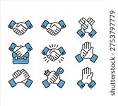 Collection of hand shaking symbols representing teamwork agreement and successful professional collaboration
