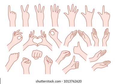 Collection Hand Shape Like Gesture. Concept Of Stop Help Or Rock Symbol V, Right Or Left, Animated Number One, Two, Three, Four, Five, Zero. Simple Ley Stroke Logo Graphic Art Design Isolated On White