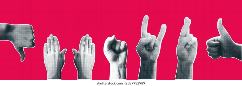 Collection of hand signs in dotted pop art style. Retro halftone hands showing different gestures on red background.