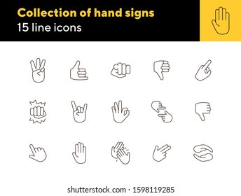 Collection of hand signs line icons. Gesturing isolated sign pack. Sign language concept. Vector illustration symbol elements for web design