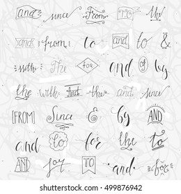 Collection of hand sketched ampersands and catchwords for your design ( from, since, the, to). Retro, decorative elements with swirls. Vector lettering.