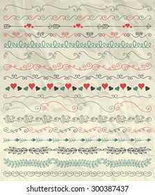 Collection of Hand Sketched Artistic Rustic  Decorative Doodle Vintage Seamless Borders, Swirls, Branches on Crumpled Paper Texture. Design Elements. Pen Drawing Vector Illustration. Pattern Brashes