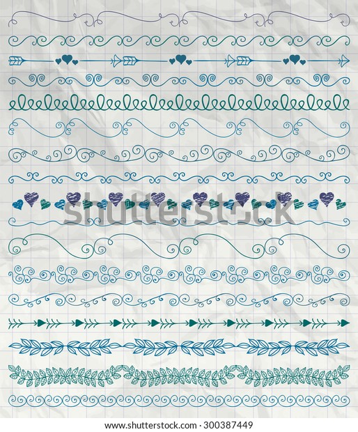 Collection of Hand Sketched Artistic Rustic \
Decorative Doodle Vintage Seamless Borders, Swirls, Branches on\
Crumpled Paper Texture. Design Elements. Pen Drawing Vector\
Illustration. Pattern\
Brashes
