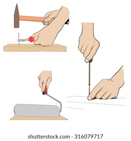 Collection -  hand with tool. Industrial set icon. Man  spinning  screw in board with screwdriver. Man hammering nail into board. Man holding  paint-roller.