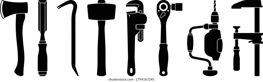 Collection of hand tool silhouettes featuring an axe, chisel, pry bar, mallet, pipe wrench, ratchet wrench, hand drill, and woodworking clamp. Ideal for construction, carpentry, woodworking, maintenance services, DIY projects, workshop branding, and industrial design applications.Collection of hand tool silhouettes featuring an axe, chisel, pry bar, mallet, pipe wrench, ratchet wrench, hand drill, and woodworking clamp. Ideal for construction, carpentry, woodworking, maintenance services, DIY projects, workshop branding, and industrial design applications.