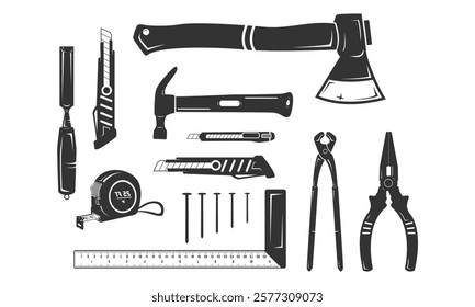 Collection of Hand Tools for Carpentry and General Use in Monochrome Vector Design