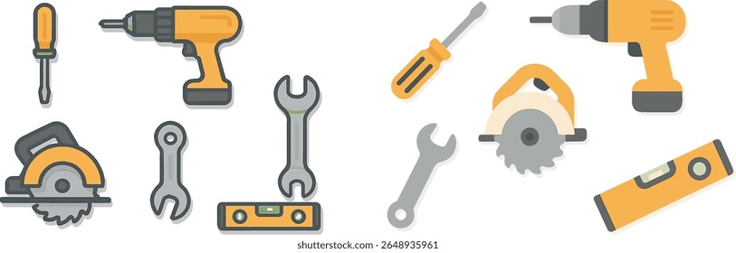 A collection of hand tools and power tools is displayed on a white background, perfect for DIY home improvement tasks. Tools include drills, wrenches, and saws for various projects.