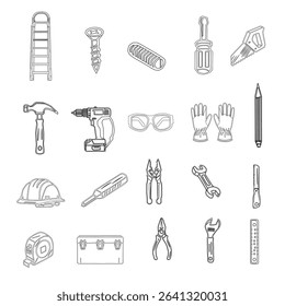 A collection of hand tools and power tools. Vector icon set of workshop tools, and safety gear. Includes hammer, drill, screwdriver, saw, and pliers.