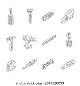 A collection of hand tools and power tools. Vector icon set of workshop tools, and safety gear. Includes hammer, drill, screwdriver, saw, and pliers.