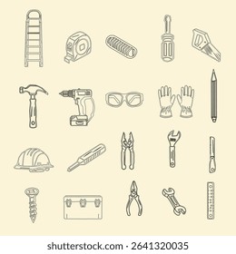 A collection of hand tools and power tools. Vector icon set of workshop tools, and safety gear. Includes hammer, drill, screwdriver, saw, and pliers.