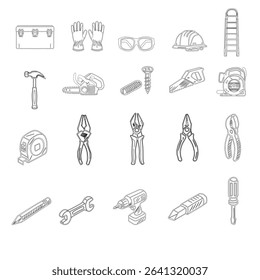 A collection of hand tools and power tools. Vector icon set of workshop tools, and safety gear. Includes hammer, drill, screwdriver, saw, and pliers.