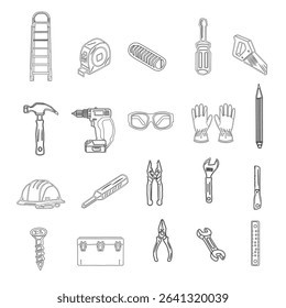 A collection of hand tools and power tools. Vector icon set of workshop tools, and safety gear. Includes hammer, drill, screwdriver, saw, and pliers.