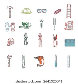 A collection of hand tools and power tools. Vector icon set of workshop tools, and safety gear. Includes hammer, drill, screwdriver, saw, and pliers.