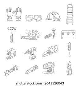 A collection of hand tools and power tools. Vector icon set of workshop tools, and safety gear. Includes hammer, drill, screwdriver, saw, and pliers.
