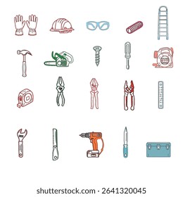 A collection of hand tools and power tools. Vector icon set of workshop tools, and safety gear. Includes hammer, drill, screwdriver, saw, and pliers.