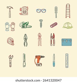 A collection of hand tools and power tools. Vector icon set of workshop tools, and safety gear. Includes hammer, drill, screwdriver, saw, and pliers.