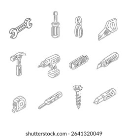 A collection of hand tools and power tools. Vector icon set of workshop tools, and safety gear. Includes hammer, drill, screwdriver, saw, and pliers.