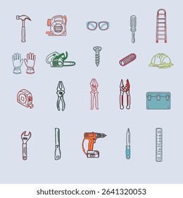 A collection of hand tools and power tools. Vector icon set of workshop tools, and safety gear. Includes hammer, drill, screwdriver, saw, and pliers.