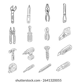 A collection of hand tools and power tools. Vector icon set of workshop tools, and safety gear. Includes hammer, drill, screwdriver, saw, and pliers.