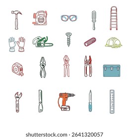 A collection of hand tools and power tools. Vector icon set of workshop tools, and safety gear. Includes hammer, drill, screwdriver, saw, and pliers.