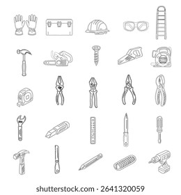 A collection of hand tools and power tools. Vector icon set of workshop tools, and safety gear. Includes hammer, drill, screwdriver, saw, and pliers.