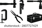 Collection of hand tools silhouette icons including hammer, wrench, ratchet, clamp, pliers, and toolbox symbolizing mechanical, plumbing, and repair equipment essentials illustration