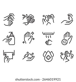 Collection of hand washing icons. Thin line style vector. Contains icons such as hand washing, liquid soap, hand dryer and more.