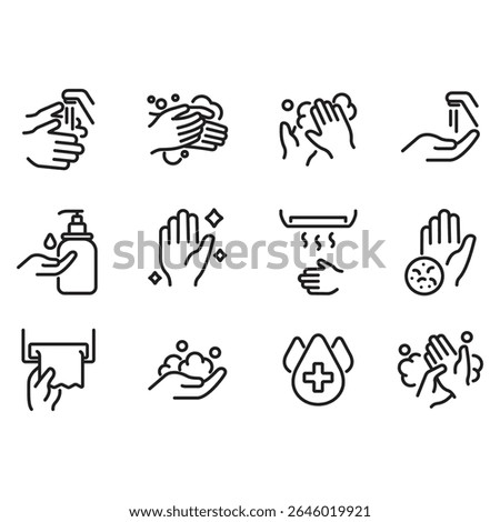 Collection of hand washing icons. Thin line style vector. Contains icons such as hand washing, liquid soap, hand dryer and more.