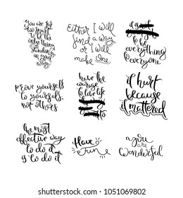 Collection of hand written calligraphy quotes motivation for life and happiness. Set for postcard, poster, prints, cards graphic design.