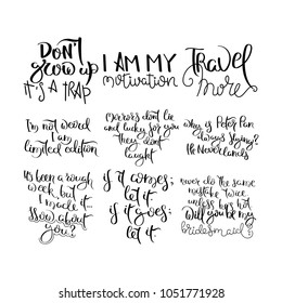 Collection of hand written calligraphy quotes motivation for life and happiness. Set for postcard, poster, prints, cards graphic design.