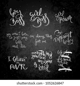 Collection of hand written calligraphy quotes motivation for life and happiness on blackboard. Set for postcard, poster, prints, cards graphic design.
