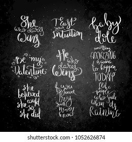 Collection of hand written calligraphy quotes motivation for life and happiness on blackboard. Set for postcard, poster, prints, cards graphic design.
