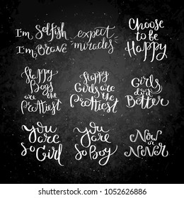 Collection of hand written calligraphy quotes motivation for life and happiness on blackboard. Set for postcard, poster, prints, cards graphic design.