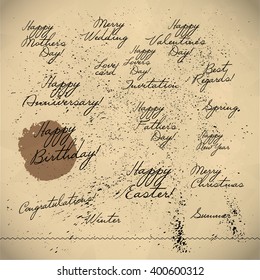 Collection of hand written congratulations. Hand drawn font, text message, lettering. Holiday, congratulation card. Mother's father's valentine's day. Birthday party, wedding, anniversary invitation. 