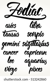 Collection of hand written zodiac sign names. Vector graphics astrology set in black over white.